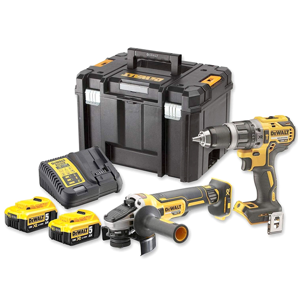 ENSEMBLE DEWALT PERÇEUSE VISSEUSE À PERCUSSION COMPACT DCD796 ET MEULEUSE 125MM DCG405 - 2 BATTERIES 5AH ET CHARGEUR