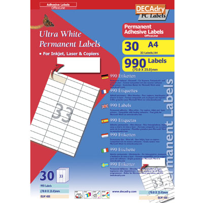 Étiquettes adhésives blanc 70 x 25 mm - impression jet d'encre, laser et copieur - Référence DECAdry OLW 4811_0