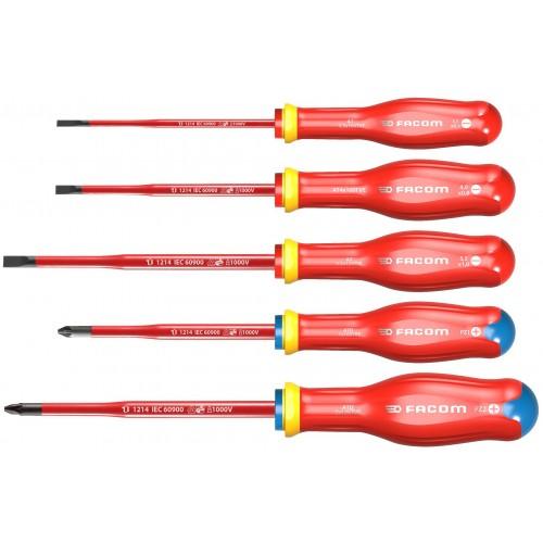 JEU DE 5 TOURNEVIS SLIM ISOLÉS EMPREINTE FENTE ET POZIDRIV - ATD.J5TVE FACOM