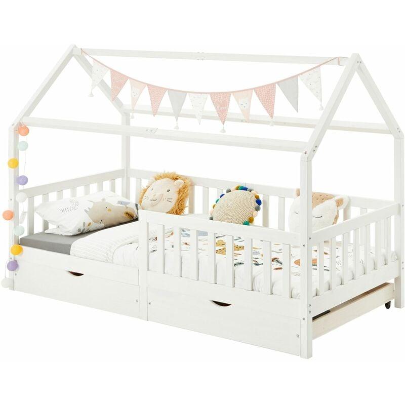 Lit Cabane Enfant 90x190 Avec Rangement - Bois Massif, Tiroirs Et étagères, Design Ludique Et Sécurisé