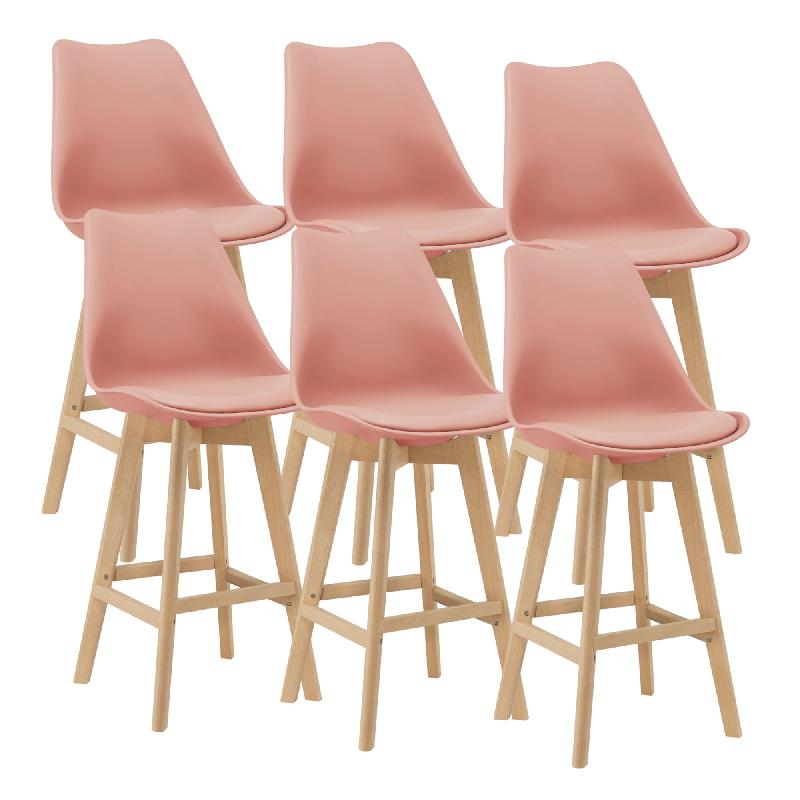 Lot de 6 tabourets de bar - plastique synthétique, pieds en hêtre massif, rembourrage similicuir PU - 105x48x58 cm - rose_0