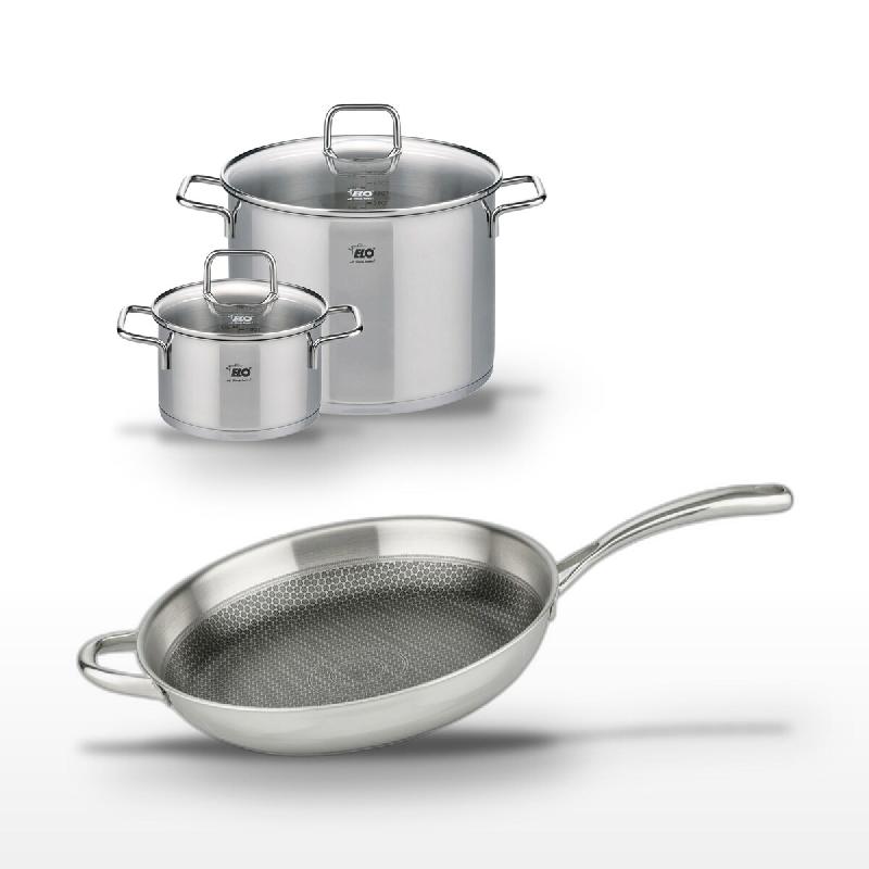 Lot Poêle 32 cm & 2 Faitouts 20/26 cm Elo Relief Evolution - gris inox 3176239954777_0