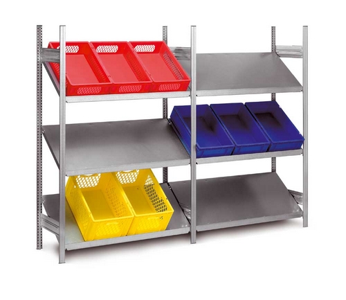 Rayonnages industriels à tablettes inclinées - double accès - charge 100kg par niveau - modulaire et extensible_0