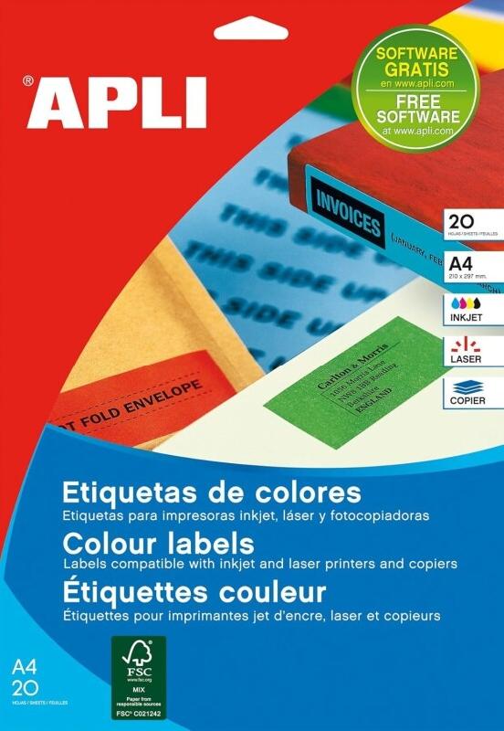 Apli 001600 Lot de 20 Etiquettes couleur permanent 210 mm x 297 mm Bleu - 8410782016007_0