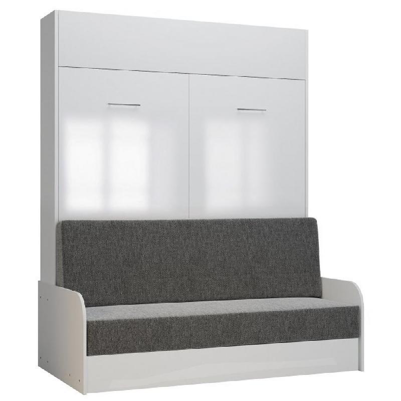 Armoire lit escamotable Dynamo Sofa - canapé gris 160x200 cm - façade blanc brillant et accoudoirs_0