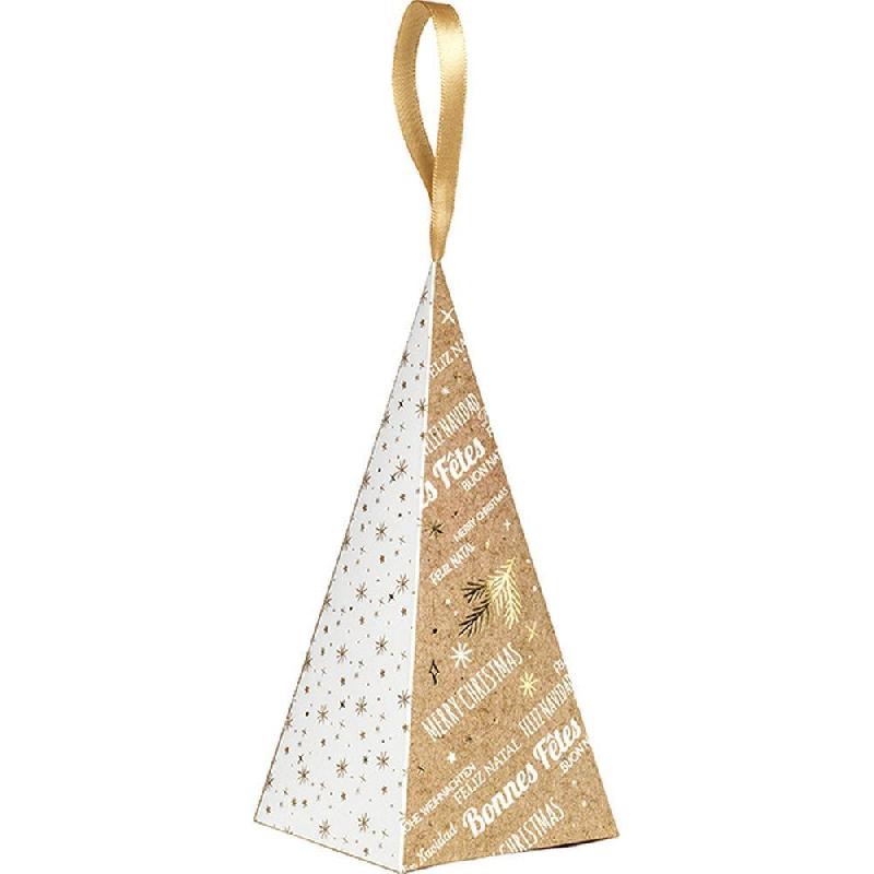 Boîte pyramide Bonnes Fêtes kraft/blanc/or ruban satin or 17,5x8x8cm - par 24_0