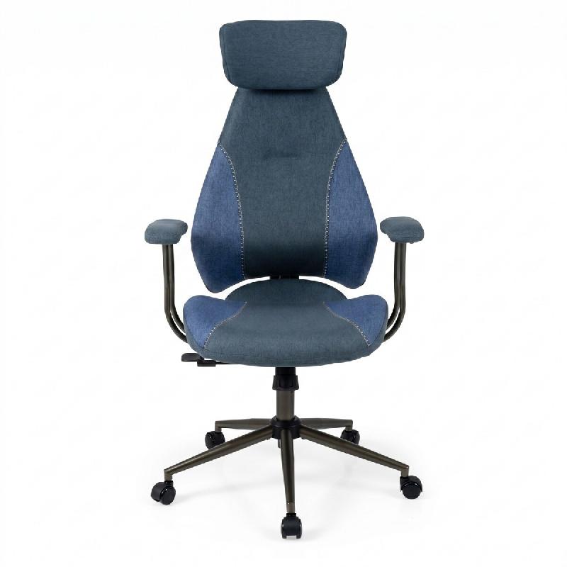 Chaise Ergonomique COSTWAY, en Lin, Dossier et Appui-Tête Réglables, avec Bascule, pour Maison et Bureau - bleu métal ON33240ZK_0