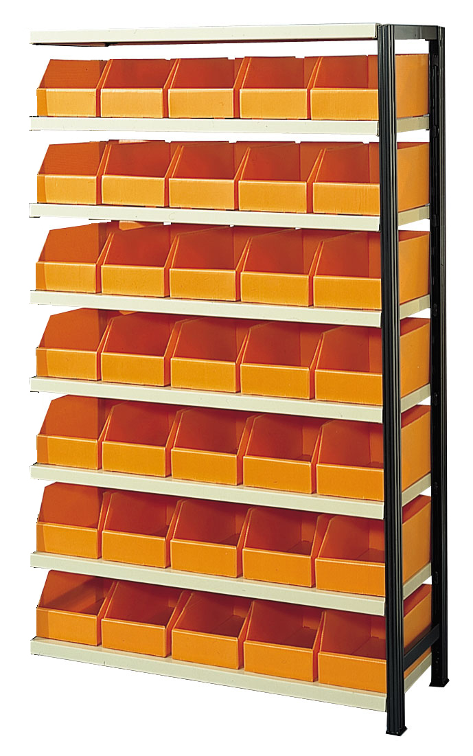 KIT SUIVANT RAYONNAGE AVEC 35 BACS PLASTIQUES ORANGES 10.5 L