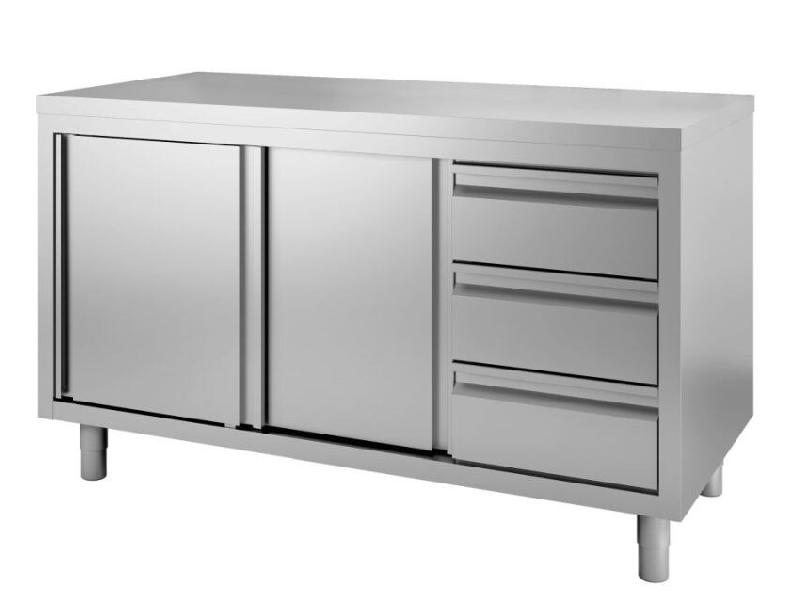 Gastro-Inox Armoire de travail avec portes coulissantes et 3 tiroirs 1800x700x880mm - inox 7445908685660_0