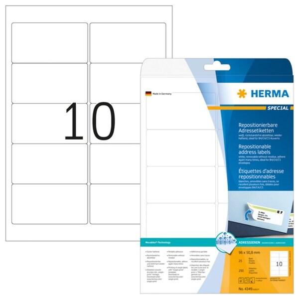 HERMA 250 étiquettes blanches Movables®, format 96 x 50,8 mm (25 feuilles A4 / cdt) - blanc 4349_0