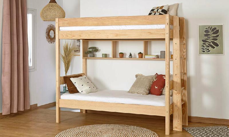 PACK LIT SUPERPOSÉ DONNELL + 2 MATELAS  BOIS NATUREL 90X190 CM/OPT:MATELAS ELBE HD