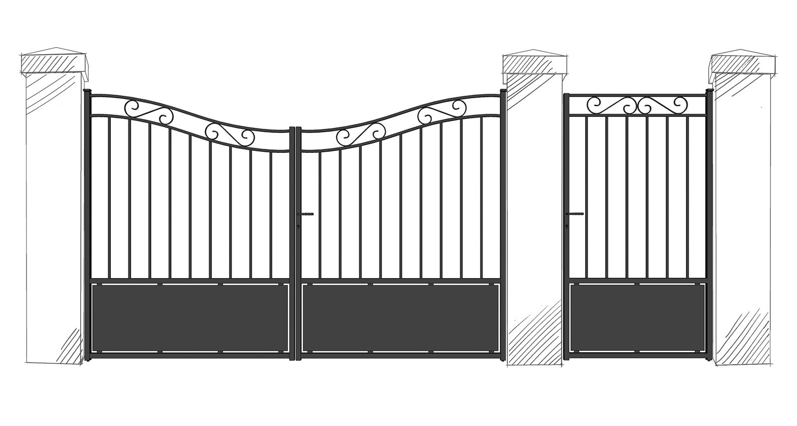 Portail Bali - Soubassement Tôle - Volute - Fer Plat 35x8 - Ossature Tube 35x35x2 - Barreaudage Tube 17x2_0