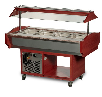 Salad Bar Central - Buffet réfrigéré 4 ou 6 bacs GN 1/1 - Inox et bois acajou, avec roulettes et plans de travail en granit_0