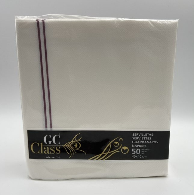 Serviettes de table non tissees 2 plis 60g 40x40cm gc class blanc lisere bordeaux goma- carton de 500_0
