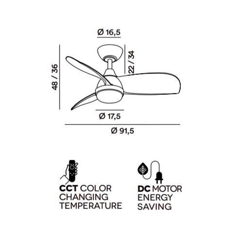Ventilateur de Plafond avec Lumière Perenz 7192 B CT Blanc d. 91,5 cm, 3 Pales, 6 Vitesses, Moteur DC 35W, Silencieux - 8023559547088_0