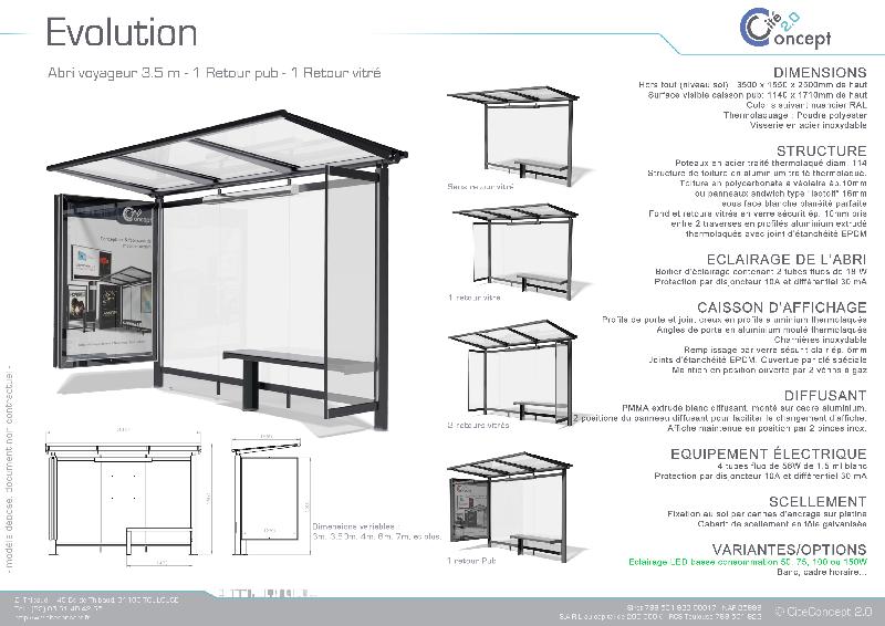 Abri bus evolution / structure en acier / bardage en verre securit / avec banquette 350 x 155 cm_1