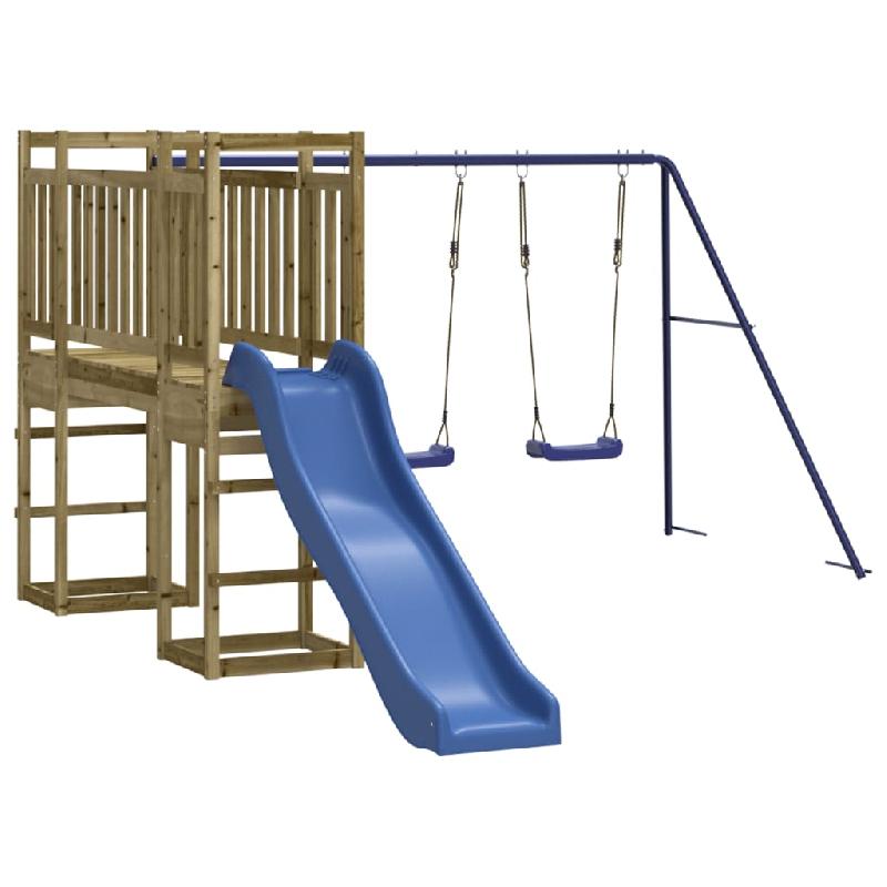 Aire de jeux extérieure en bois de pin imprégné - Balançoires, toboggan ondulé, portiques robustes - Dimensions 308 x 467 x 169 cm - Réf : 02_0004822_0