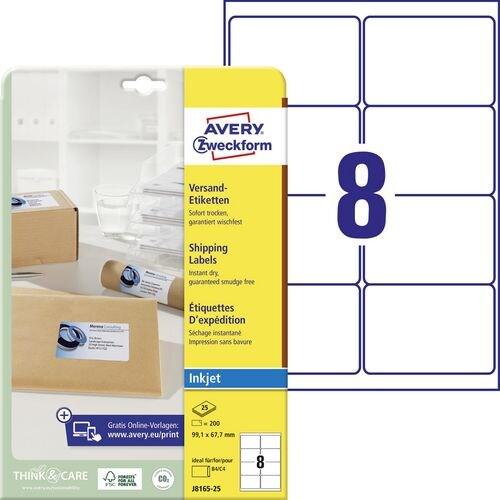 Avery Zweckform 200 étiquettes Jet d'encre blanches, format 99,1 x 67,7 mm (25 feuilles A4 / cdt) - blanc J8165-25_0