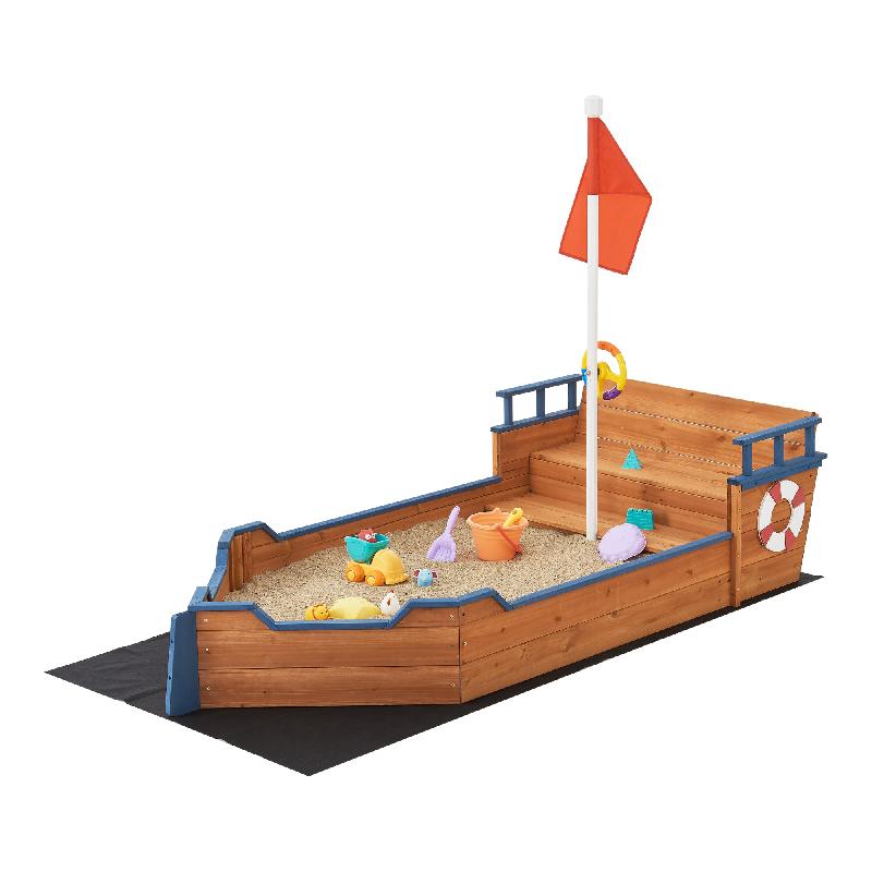 Bac à sable bateau en bois - banc rabattable, drapeau, barre à roue - 136 x 193 x 94 cm - 03_0006397_0