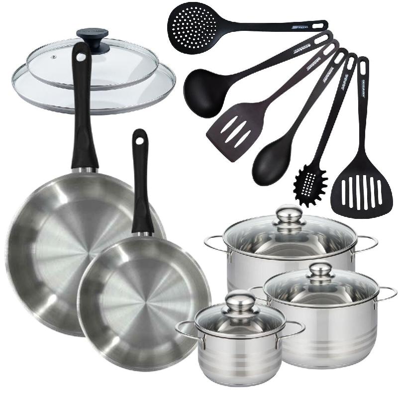 Batterie de cuisine 2 poêles 24/28 cm et couvercles, 3 faitouts 16/20/24 cm et 6 ustensiles Fackelmann Geneva - gris inox 3176239935653_0
