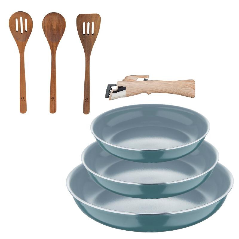 BERGNER - Jeu de 3 Poêles Ø18/20/24cm en Aluminium Pressé Recyclé Vert avec Manche Amovible avec Jeu de 3 Pièces Ustensiles de Cuisine en Acacia_0