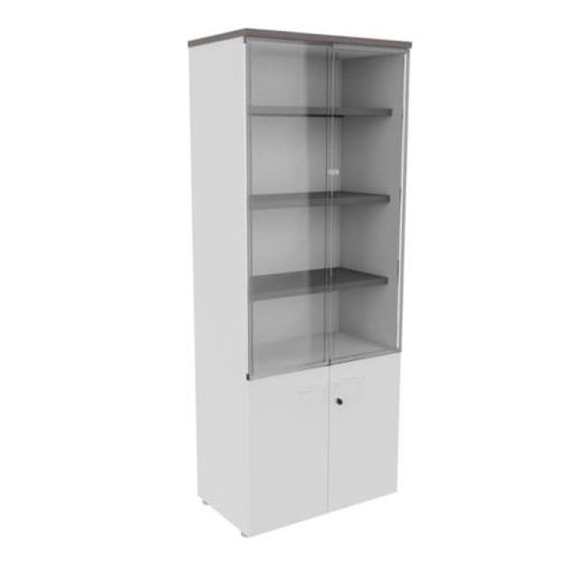 BIBLIOTHEQUE HAUTE NF ENVIRONNEMENT PORTES BASSES ET VITRINE H.203 CM X L.80 CM BLANCHE - TOP CEDRE