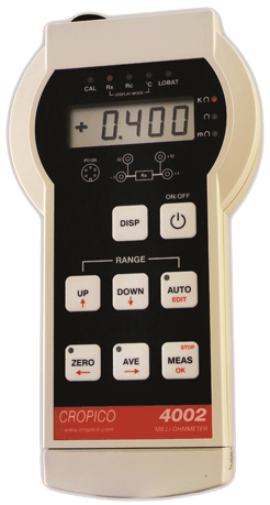 MILLIOHMMÈTRE PORTATIF NUMÉRIQUE, 4MOHM/1UOHM À 400OHM/100MOHM, 1A MAX., 4 FILS - CRODO4002