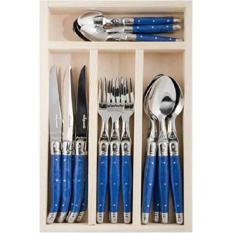 MÉNAGÈRE 24 PIÈCES MANCHE BLEU EN INOX  AVEC RANGE COUVERTS EN BOIS  - JEAN DUBOST - LAGUIOLE