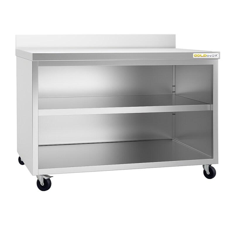 Meuble bas inox ouvert 1200x800 mm adossé sur roulettes PREMIUM - GOLDINOX - gris inox 3701770810567_0