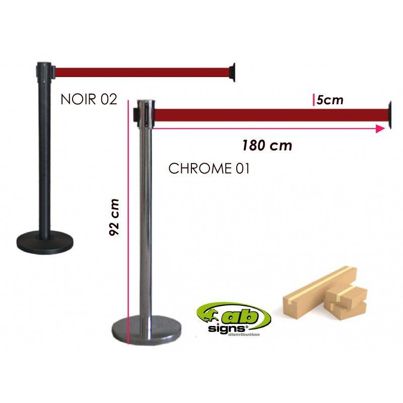 Poteau de guidage à sangle enrouleur - File d'attente avec ruban rouge 1.8m - Modèles chromé & noir - PGSR01_0