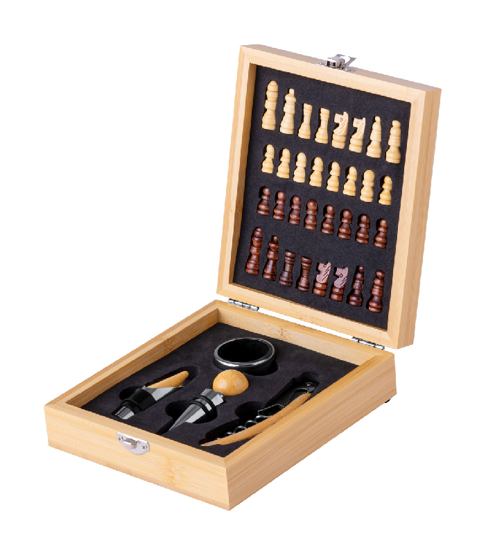 Set à vin en acier inoxydable - Jeu d'échecs en bambou avec 32 pièces et accessoires_0