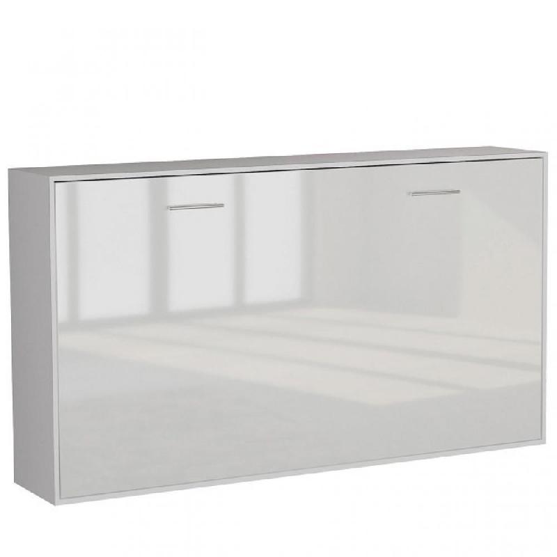 Armoire lit horizontale escamotable STRADA-V2 - Structure blanc mat, façade blanc brillant - Couchage 90x200 cm, design chic_0