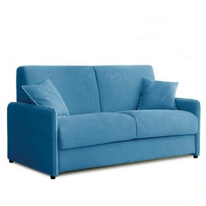 Canapé convertible express 140 cm GEMMA - Matelas 16 cm en tissu bleu avec passepoil blanc_0
