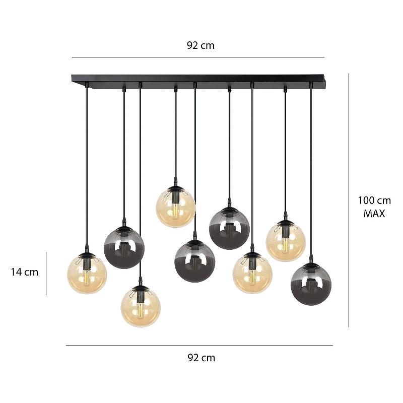 EMIBIG LIGHTING SUSPENSION GLASSY, À 9 LAMPES, NOIR, GRAPHITE/AMBRE/CLAIR, E14