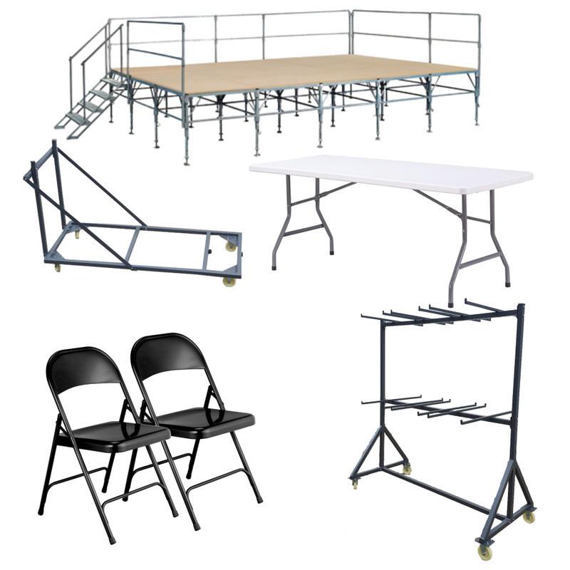 Lot complet avec 10 tables pliantes 183 cm, 48 chaises pliantes, podium 4.88 x 3.66 m et chariots inclus_0