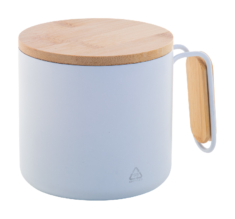 Mug thermos - double paroi en acier inoxydable recyclé - 300 ml - avec couvercle et poignée en bambou_0