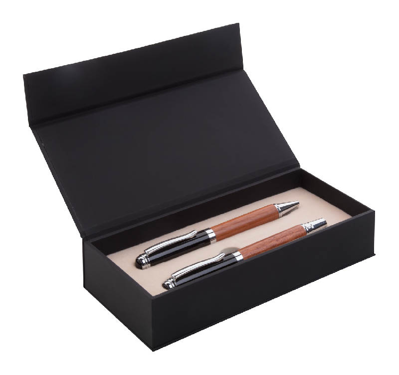 Parure stylo à bille et roller en métal avec corps en bois de rose - Marque André Philippe - Livrée en boîte cadeau noire_0