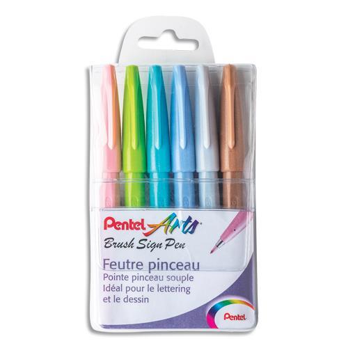 POCHETTE PASTEL DE 6 FEUTRES PINCEAU PENTEL BRUSH SIGN PEN - POINTE SOUPLE RESISTANTE, ENCRE AQUARELLABLE