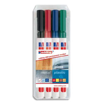 POCHETTES DE 4 MARQUEURS PERMANENTS EXTRA- FIN EDDING E-400 - COLORIS ASSORTIS