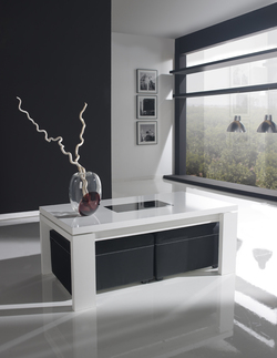 Table basse relevable blanc et noir laqué design KEILA - plateau en verre - avec deux poufs inclus_0