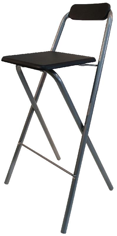Tabouret haut pliant noir et gris - Acier thermolaqué, assise vinyle, repose-pieds 25cm_0