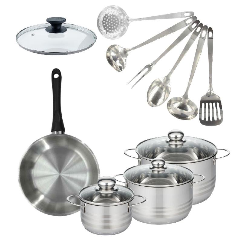 Batterie de cuisine avec 1 poêle 24 cm 3 faitouts 16/20/24 cm et 7 ustensiles de cuisine sans PFAS Fackelmann Généva Brillant Oxford avec couvercle_0