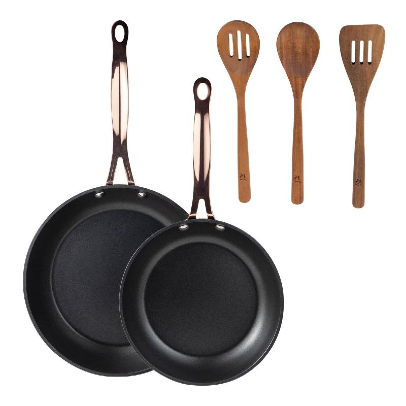 BERGNER - Jeu de 2 poêles Ø20/24 cm en aluminium forgé noir avec jeu de 3 ustensiles de cuisine en acacia - PK9531_0