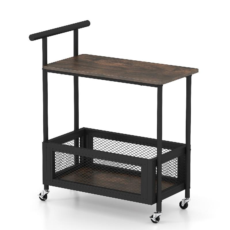COSTWAY Table d’appoint avec roulettes et poignée, table salon avec plateau et panier métallique, chariot de service, marron - marron Bois manufac_0