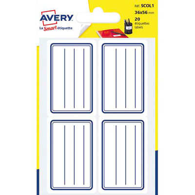 ETIQUETTES SCOLAIRES AVERY - LIGNEES BLEU - 36 X 56 MM - SACHET DE 20
