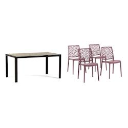 RATTATAN Set de repas intérieur et extérieur, table en aluminium, 4 chaises en polypropylène empilables, pour cuisine, jardin MILO+ANNA-Mauve/Noir/_0