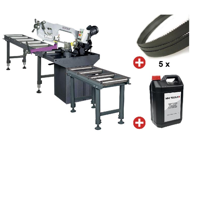 Scie à ruban pour métaux 0-60° capacité 225 mm 1,1 kW 400V 2 vit. Y compris 2 convoyeurs 1M et 2M 5 lames de scie 1 bidon de 5L Optisaw S275P PACK 2_0