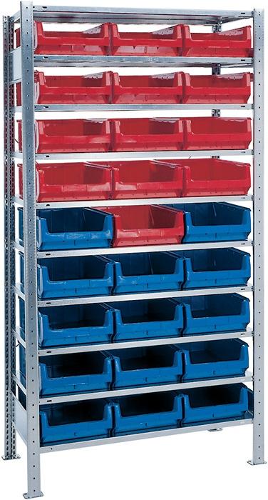 Étagère à emboîter H2000 x L1000 x P500 mm - Étagère de base avec 10 supports en acier, 14 x MK2Z bleu, 13 x MK2Z rouge_0