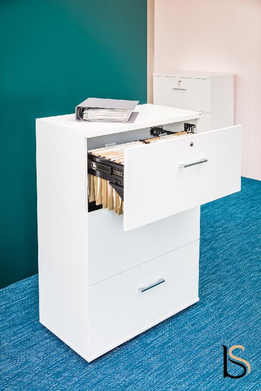 Armoire moyenne avec 3 tiroirs pour dossiers suspendus. - MDD - Blanc pastel, Gris aluminium_0