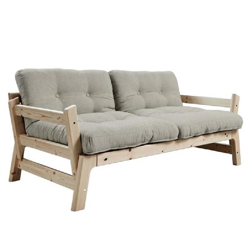 Banquette convertible futon Step - pin massif, tissu lin, couchage 70x200 cm - design élégant et multifonction_0